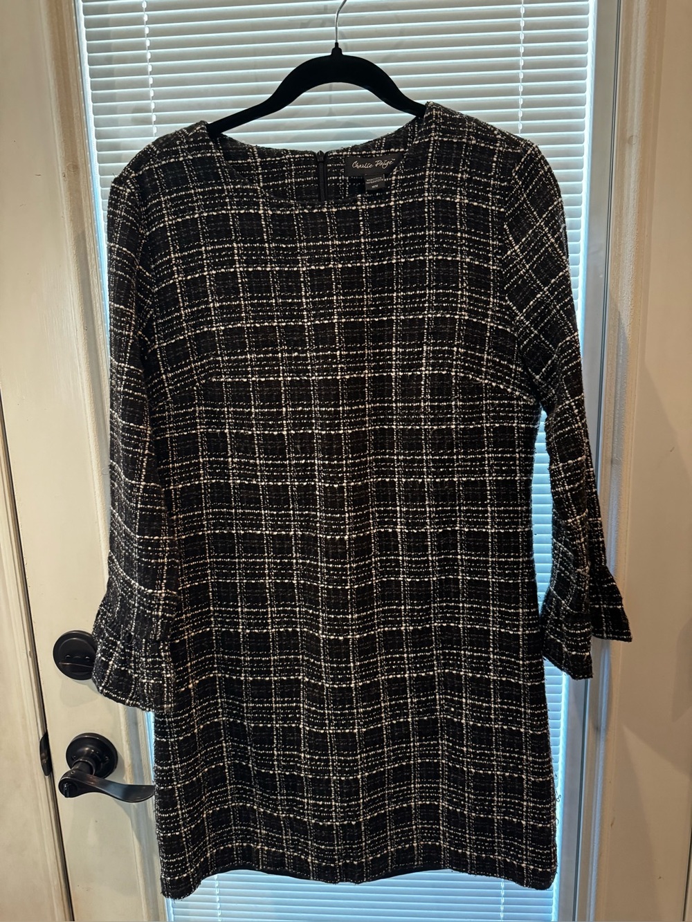 Charlie Paige Black & White Plaid tweed Shift Dress with Bell Cuffs